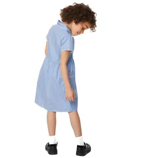 M&S Girls Pure Cotton Gingham School Dress 4-10 Years Light Blue