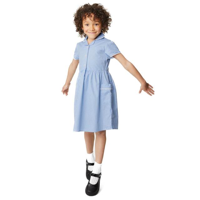 M&S Girls Pure Cotton Gingham School Dress 4-10 Years Light Blue GOODS M&S   