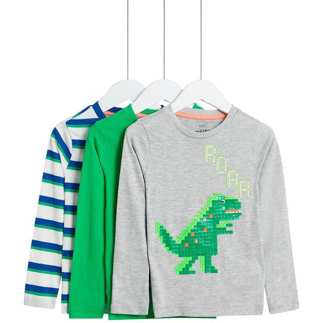 M&S 3pk Dino LS Tops '3-4 Y Multi   3 per pack GOODS M&S   