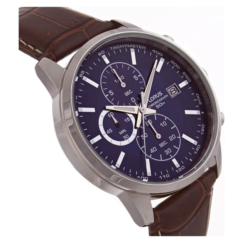 Lorus men's chronograph watch blue dial brown leather strap - British product