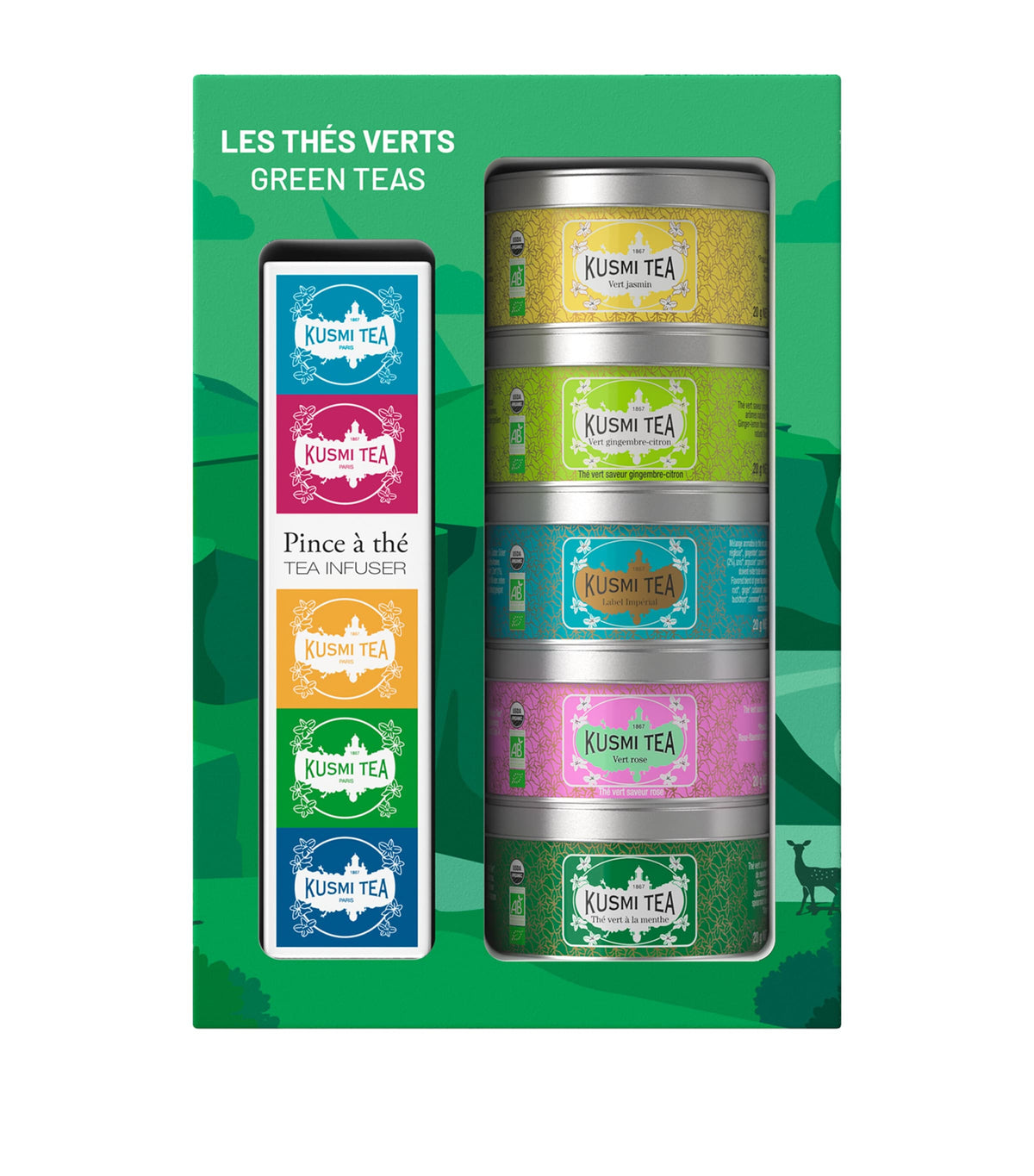 Kusmi organic green tea gift set with five blends and infuser 100g, UK version