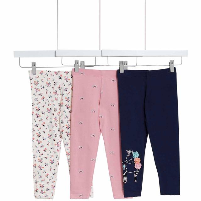 M&S Cotton Rich Unicorn Leggings 3 Pack 2-7 Years Pink