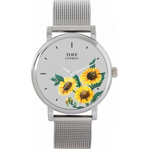Toff London grey ladies yellow sunflower watch, imported from the UK