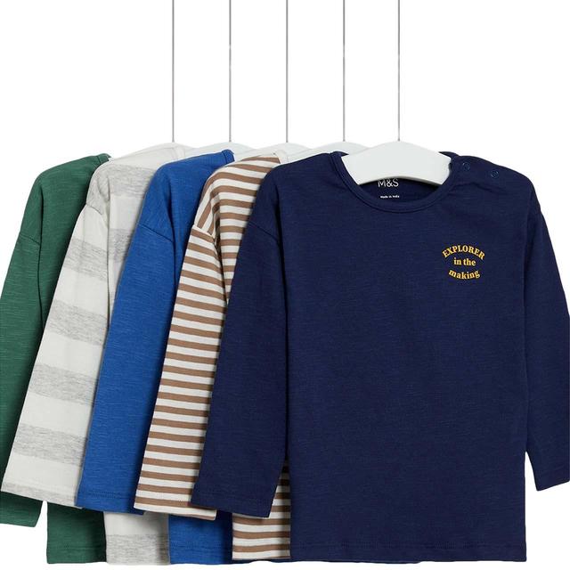 M&S Cotton Boys Long Sleeve Tops 5 Pack 0 Months-3 Years Navy