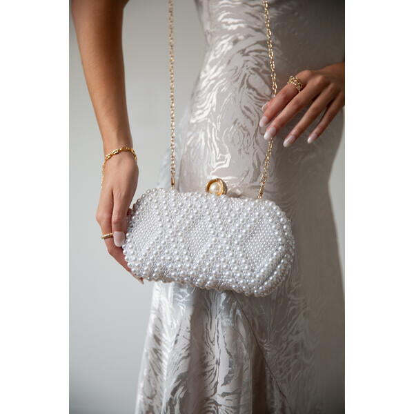 SVNX white pearl beaded clutch bag, UK version