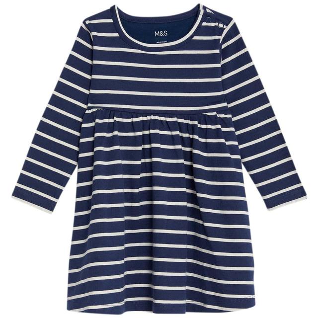 M&S Striped Long Sleeve Dress 0 Months-3 Years Navy GOODS M&S   