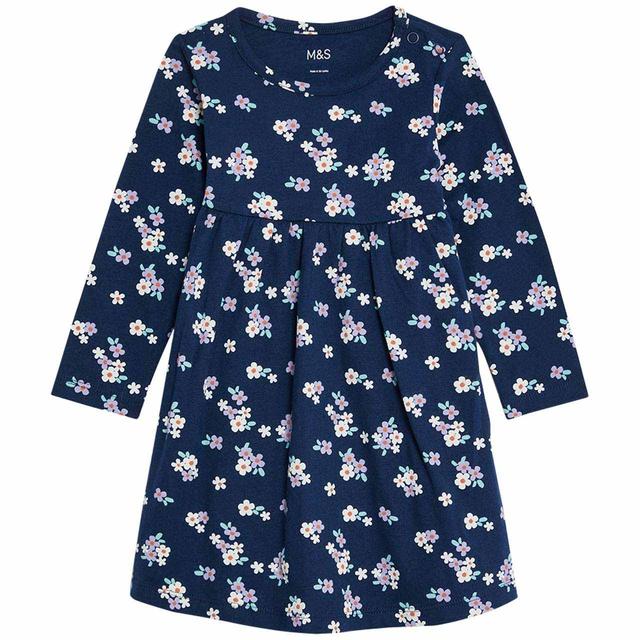 M&S Long Sleeve Floral Print Dress Navy 0-3 Years