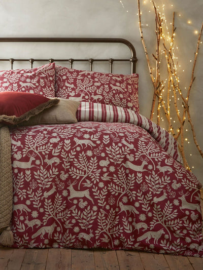 Next Furn Burgundy Red Skandi Woodland Brushed 100% Cotton Stag Reversible Christmas Duvet Cover and Pillowcase Set- Buy online at McGrocer