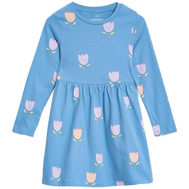 M&S Pure Cotton Floral Dress 2-7 Years Blue GOODS M&S   