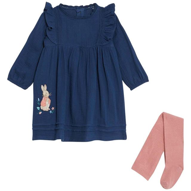 M&S 2 Piece Peter Rabbit Frill Dress/Tights Set 0-3 Years Navy Mix