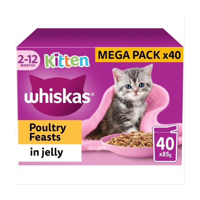 Whiskas Kitten 2-12mths Wet Cat Food Pouches Poultry Feasts in Jelly   40 x 85g GOODS M&S   