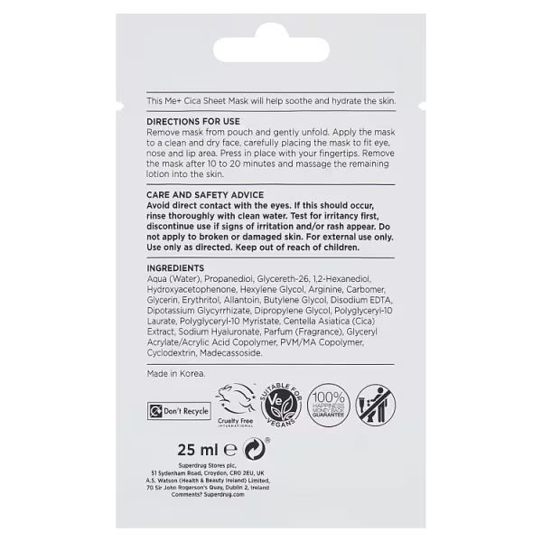 Me+ Cica Sheet Mask Centella Asiatica formula imported from the UK