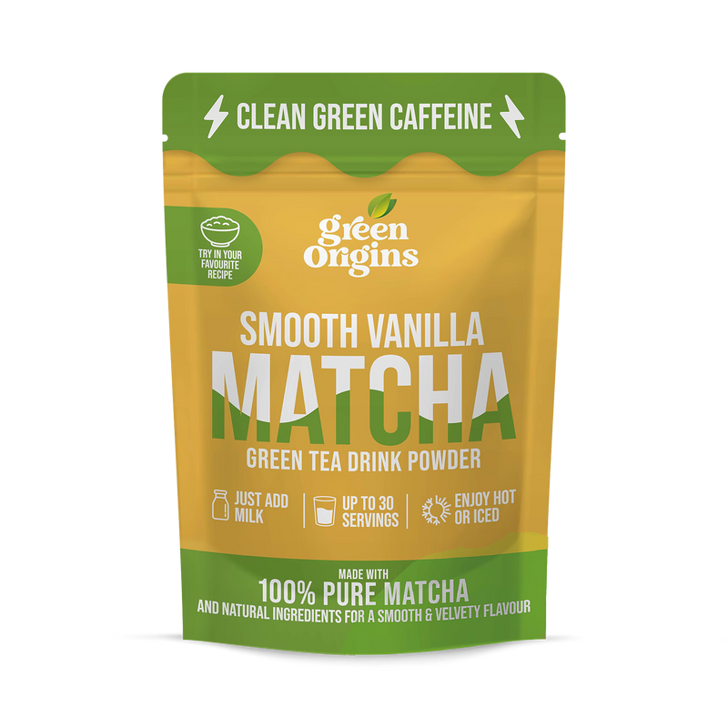 Green Origins smooth vanilla matcha powder 75g, imported from the UK