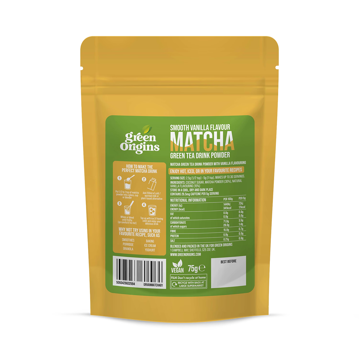 Green Origins smooth vanilla matcha powder 75g, imported from the UK