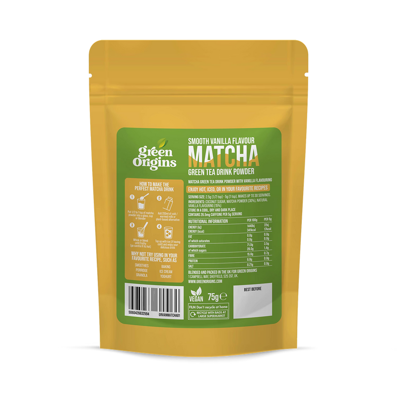 Green Origins smooth vanilla matcha powder 75g, imported from the UK