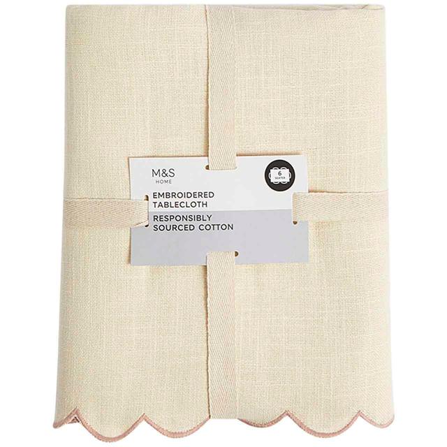 M&S Embroidered Edge Scallop Table Cloth Natural GOODS M&S   