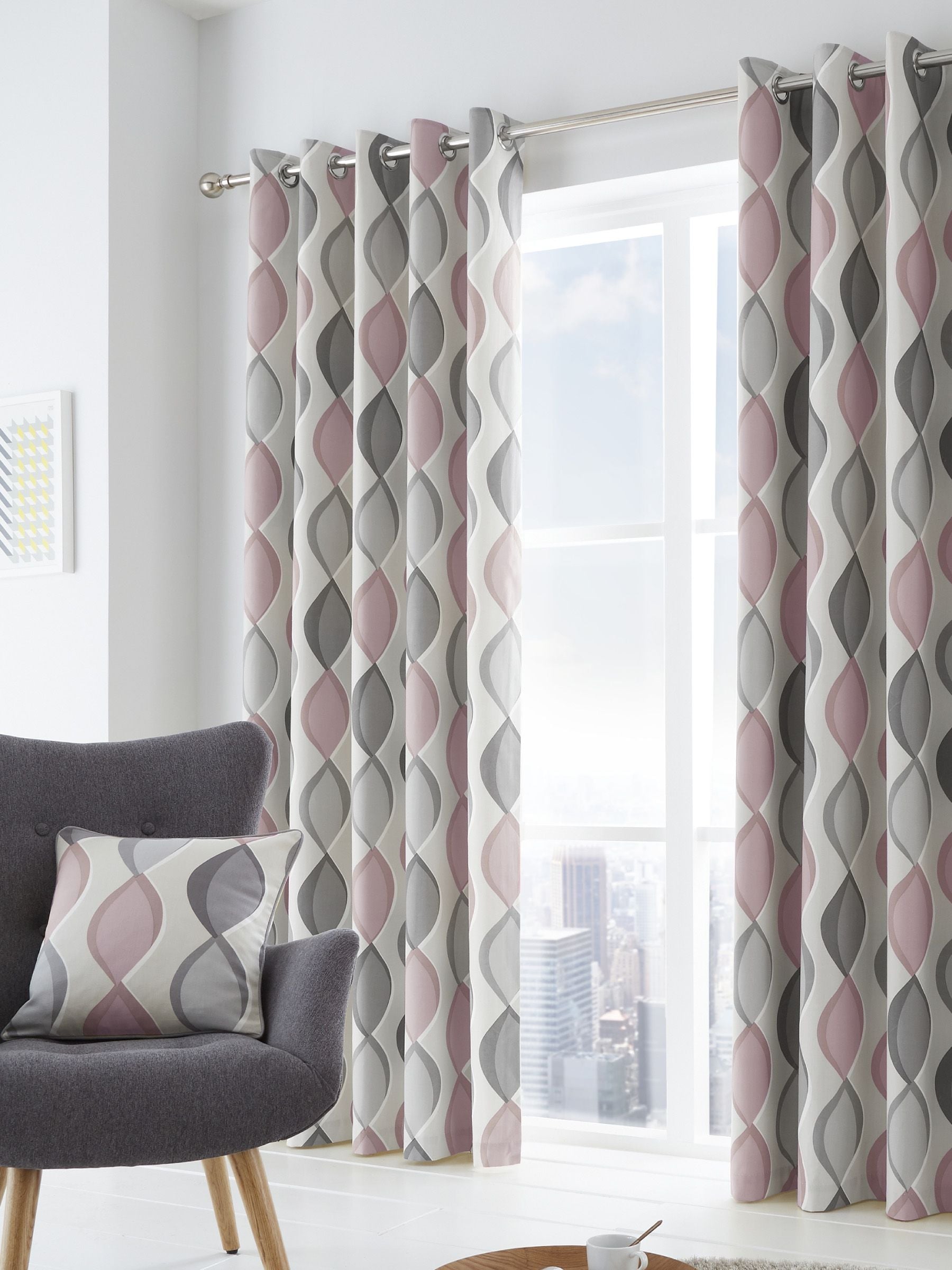 Fusion Pink Lennox Ogee Eyelet Curtains 168x137cm, UK version