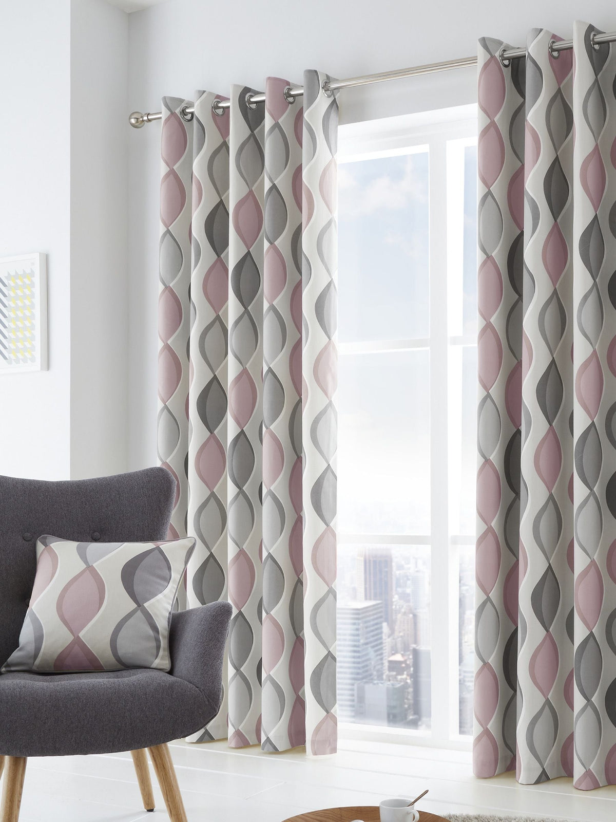 Fusion Pink Lennox Ogee Eyelet Curtains 168x137cm, UK version