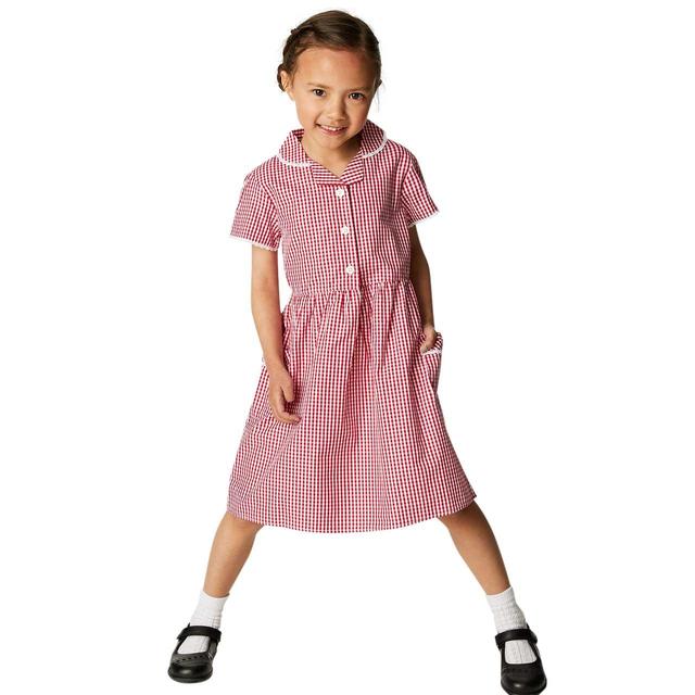 M&S Girls Pure Cotton Gingham School Dress Red 3-12 Years