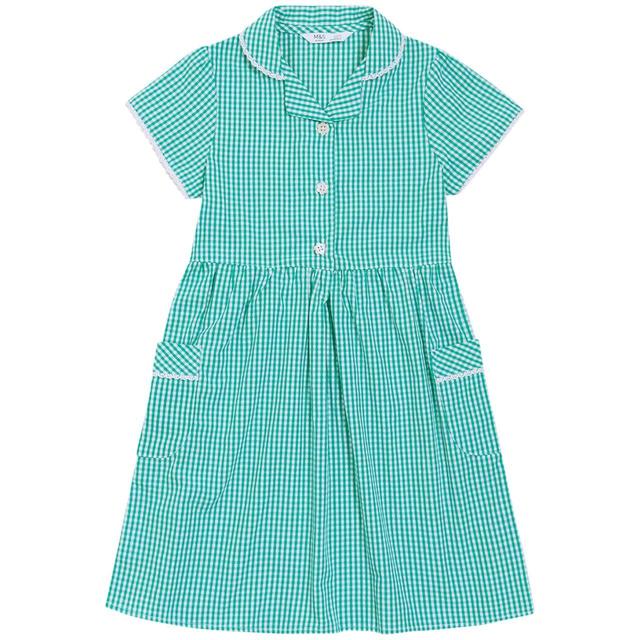 M&S Girls Pure Cotton Gingham School Dress Green 3-12 Years Green