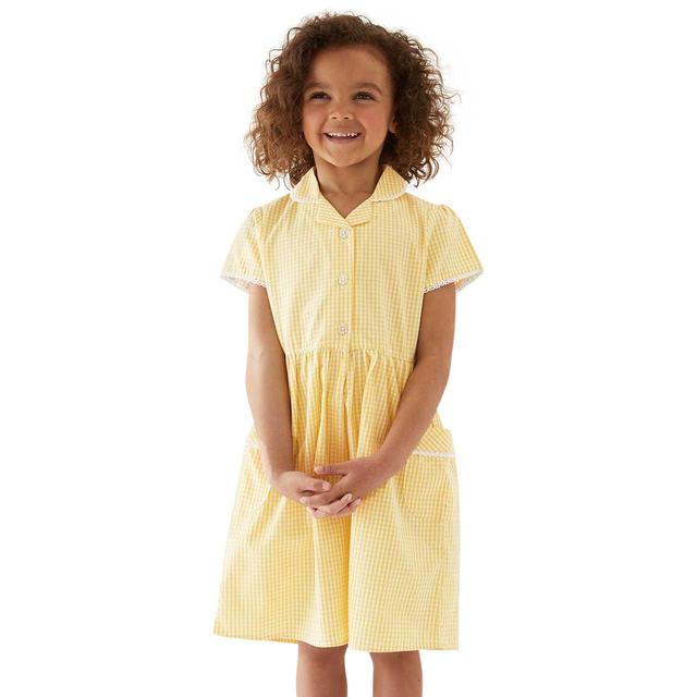 M&S Girls Pure Cotton Gingham School Dress 3-12 Years Yellow