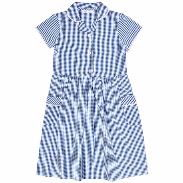 M&S Girls Pure Cotton Gingham School Dress Mid Blue 3-12 Years GOODS M&S   