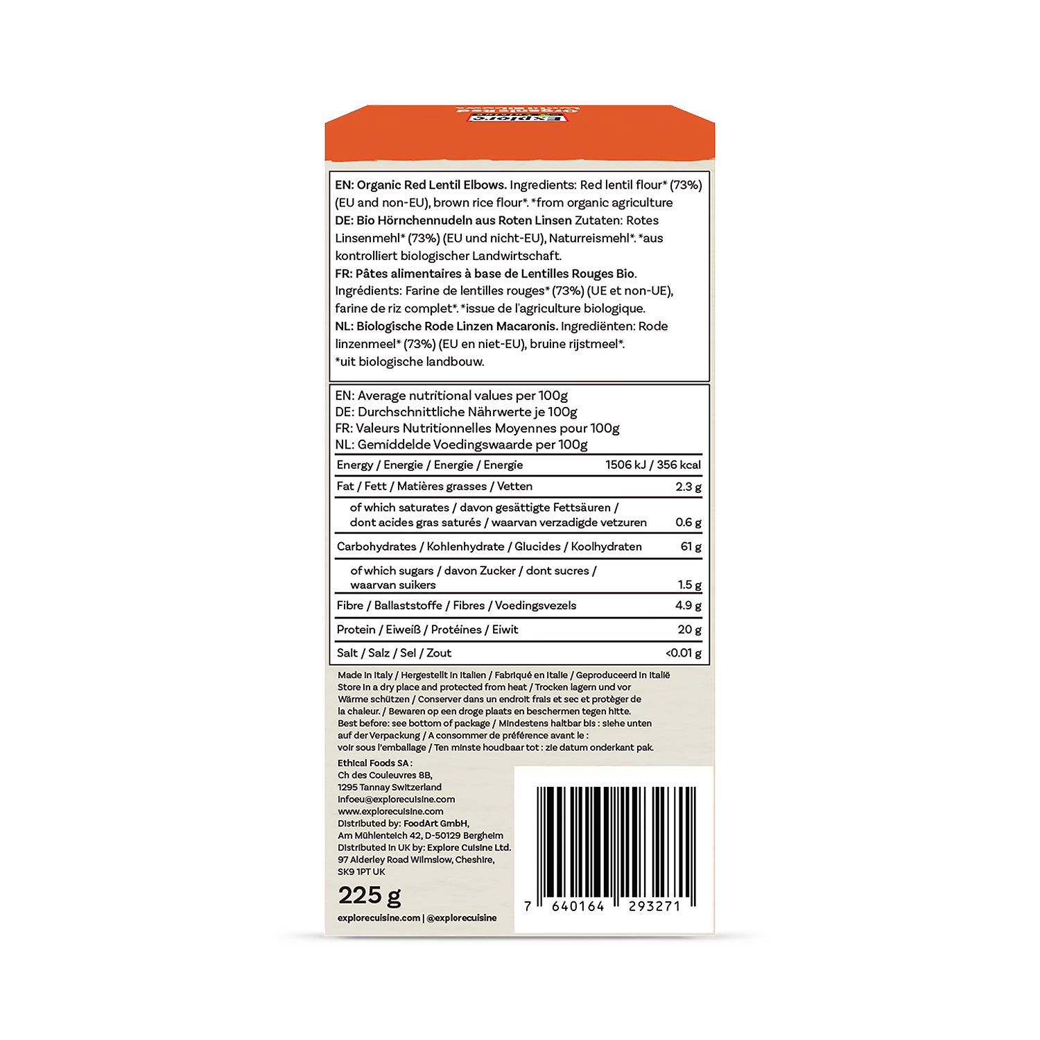 Explore Cuisine red lentil elbow pasta 225g (British brand)