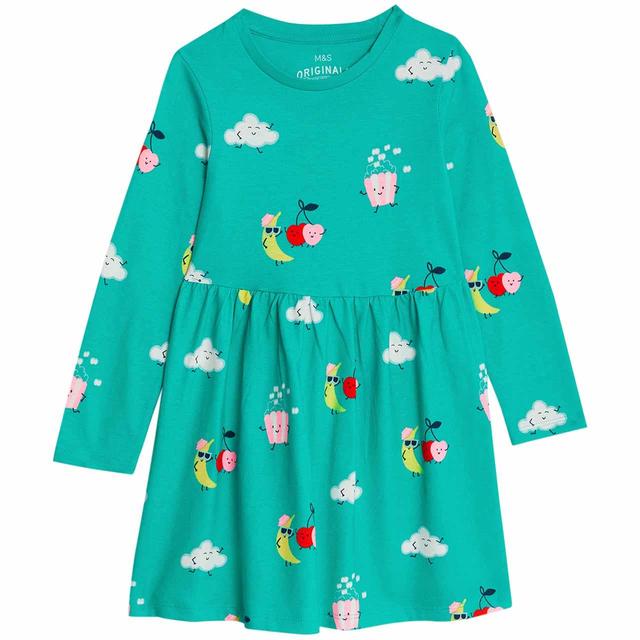 M&S Printed Dress 2-8 Years Bright Aqua