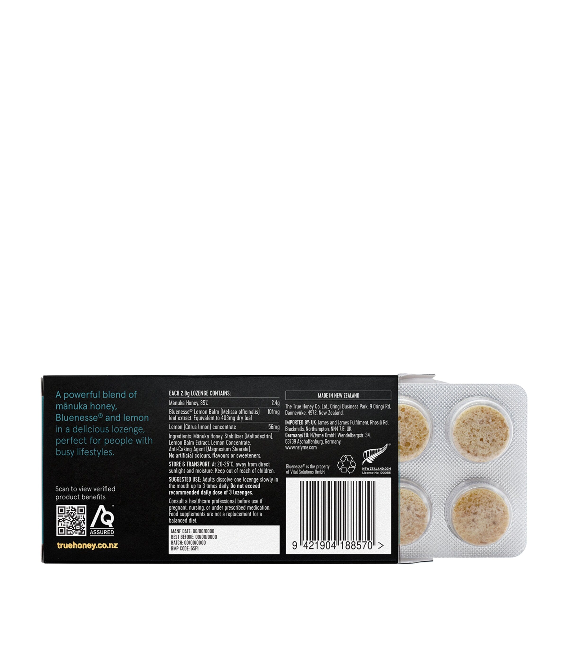 True Honey Co Mnuka Honey Lozenges Bluenesse Lemon 8 capsules (British brand)