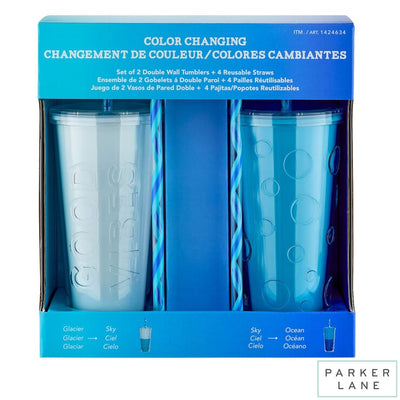 Costco UK Colour Changing Double Wall Insulated 2 Pack Tumblers with 4 Straws Blue- Buy online at McGrocer