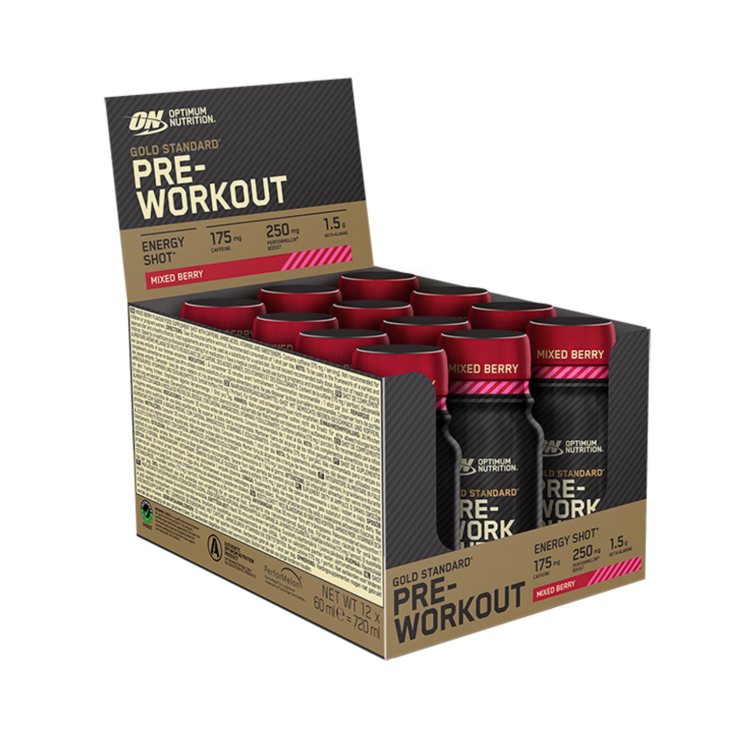 Optimum Nutrition pre-workout shot Mixed Berry 60ml, imported from the UK