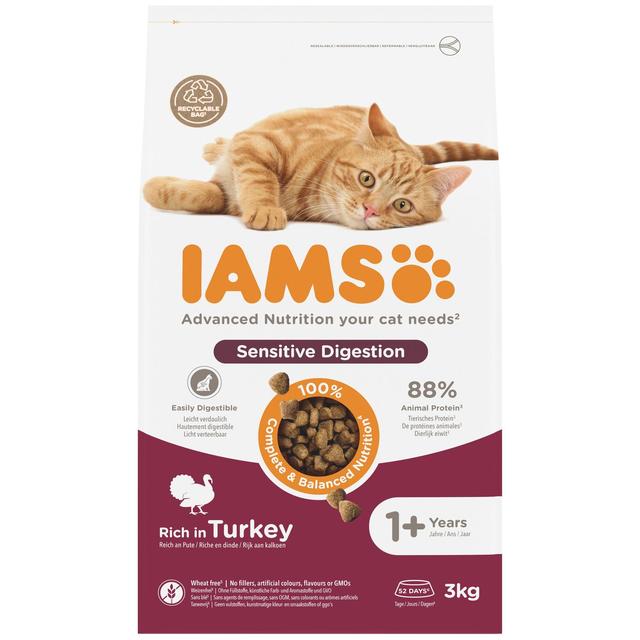 IAMS 1+ Years Sensitive Digestion Dry Cat Food Turkey   3kg