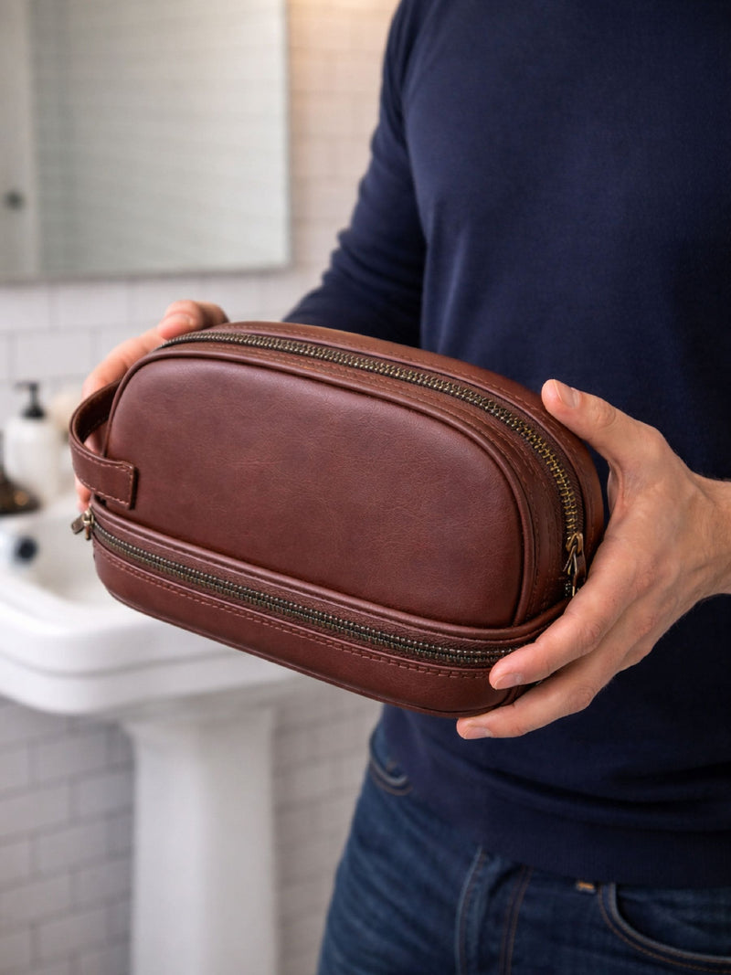 Posh Totty Designs personalised leather wash bag (British brand)