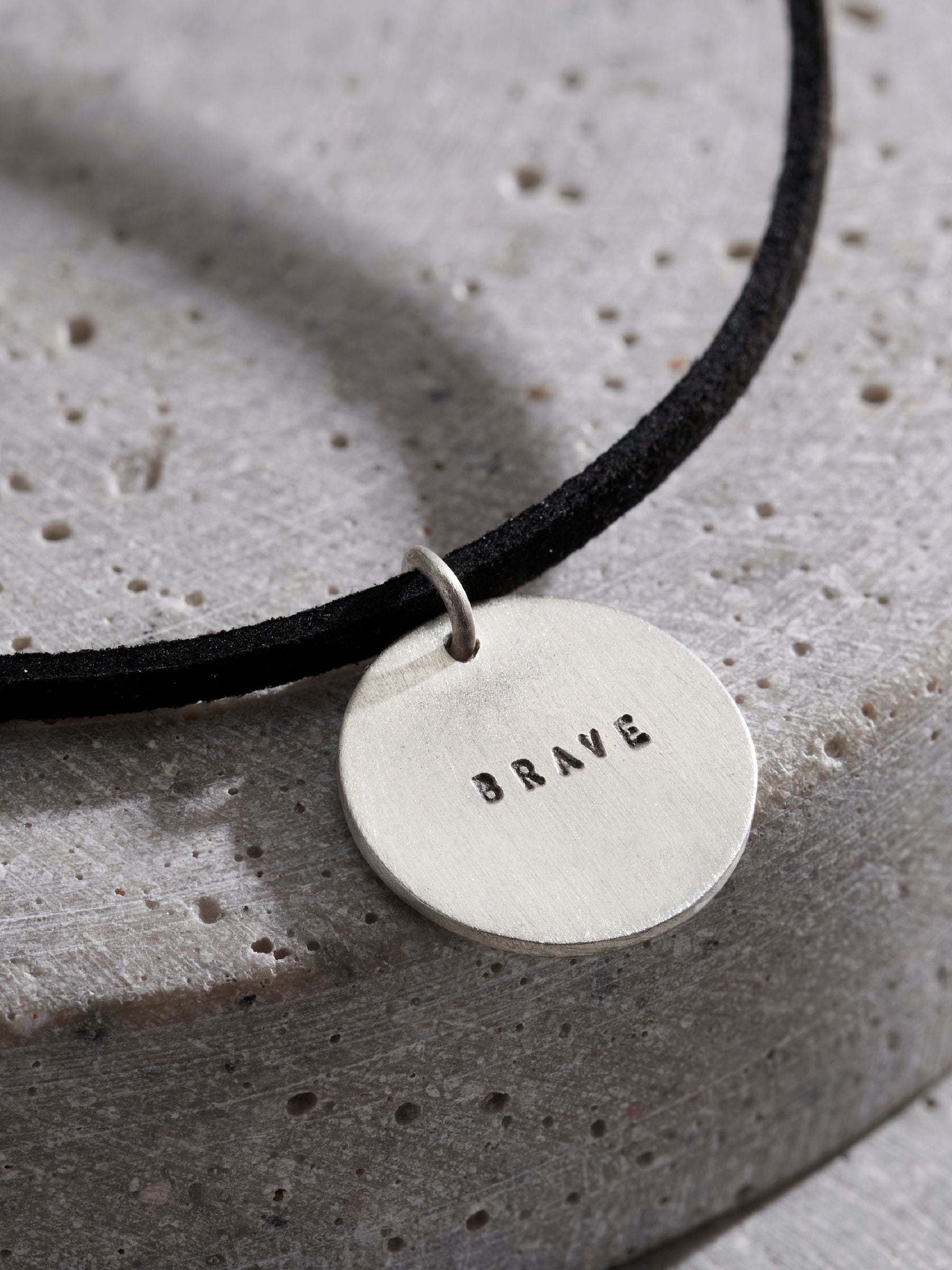 Posh Totty Designs personalised silver disc necklace with leather cord, UK version