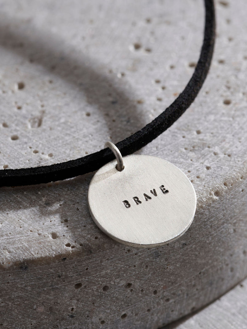 Posh Totty Designs personalised silver disc necklace with leather cord, UK version