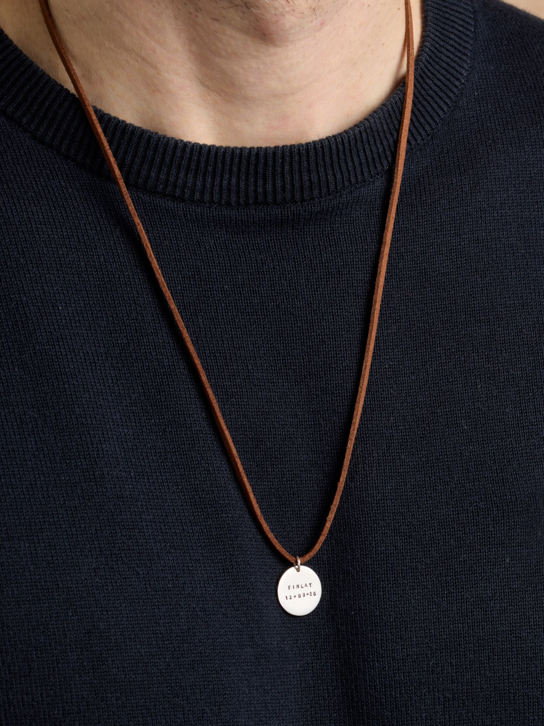 Posh Totty Designs personalised silver disc necklace with leather cord, UK version