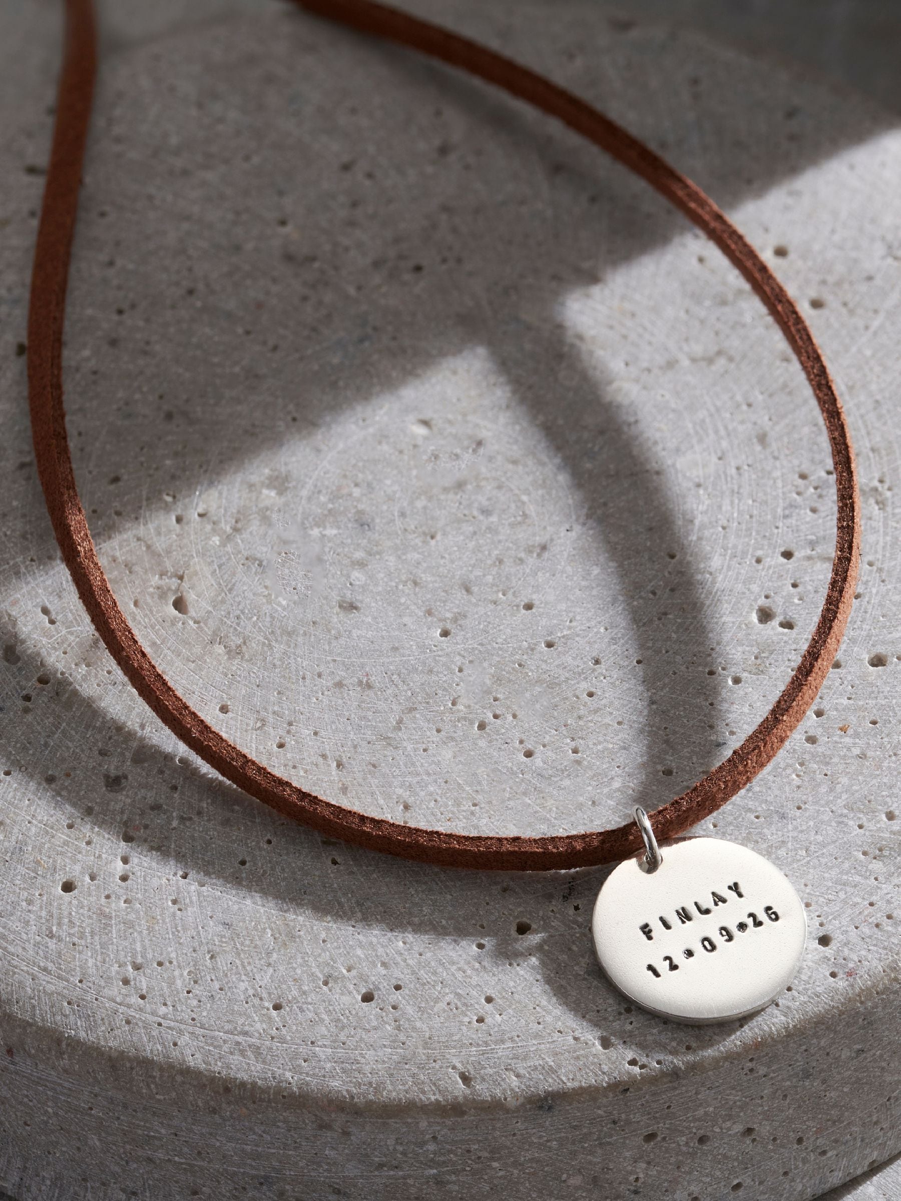 Posh Totty Designs personalised silver disc necklace with leather cord, UK version