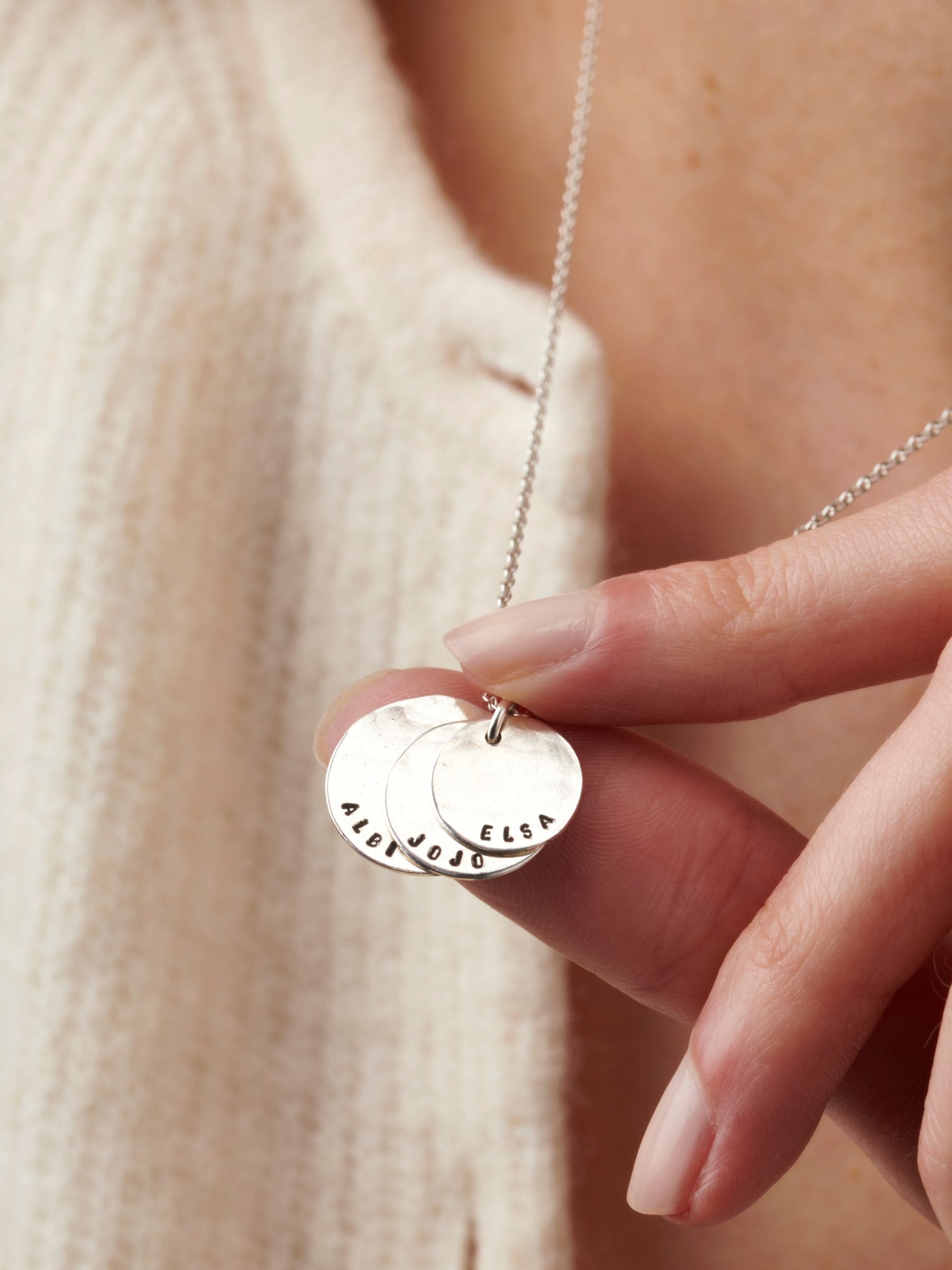 Posh Totty Designs hammered family disc necklace (British brand)