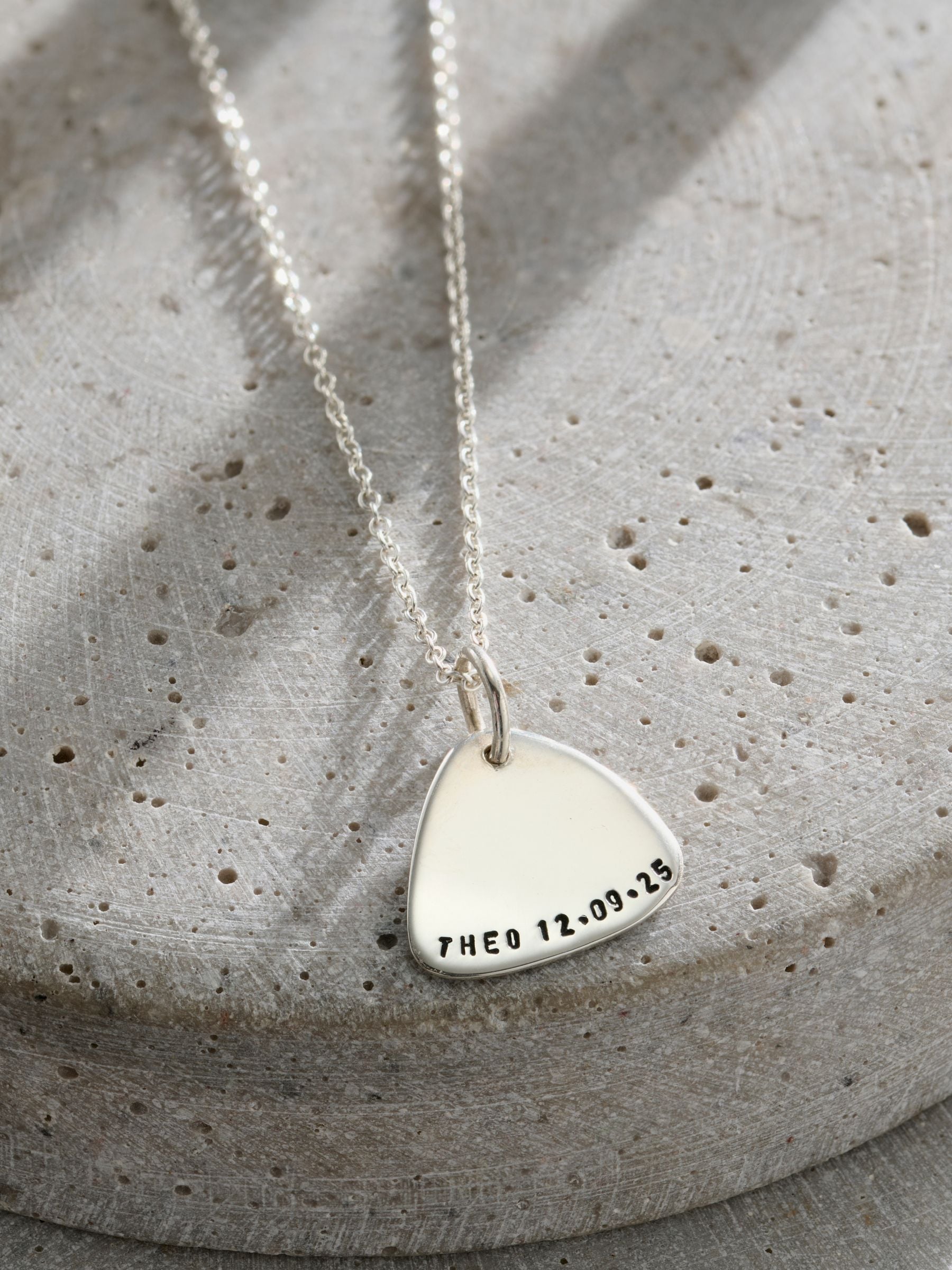 Personalised plectrum necklace in sterling silver (British brand)