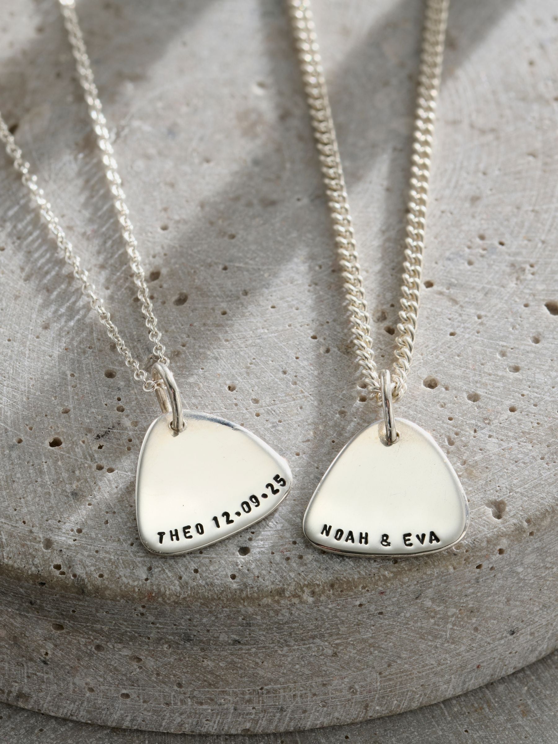 Personalised plectrum necklace in sterling silver (British brand)