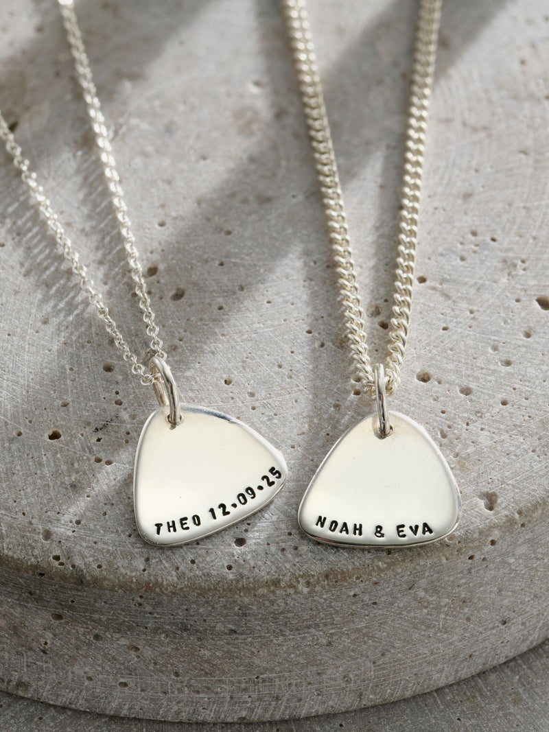 Personalised plectrum necklace in sterling silver (British brand)