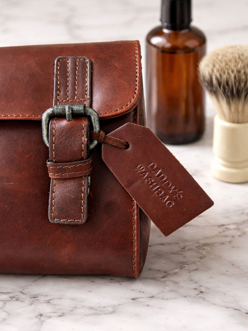 Posh Totty Designs leather hanging wash bag with tag - British product