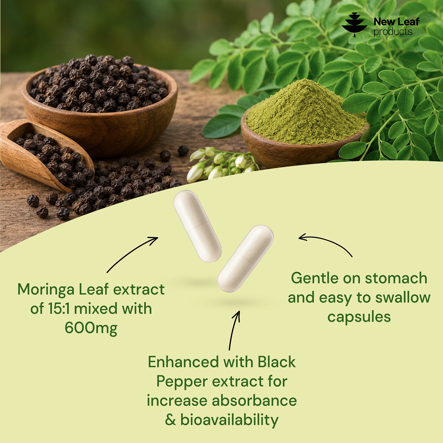 New Leaf Products moringa capsules with black pepper 120, UK version