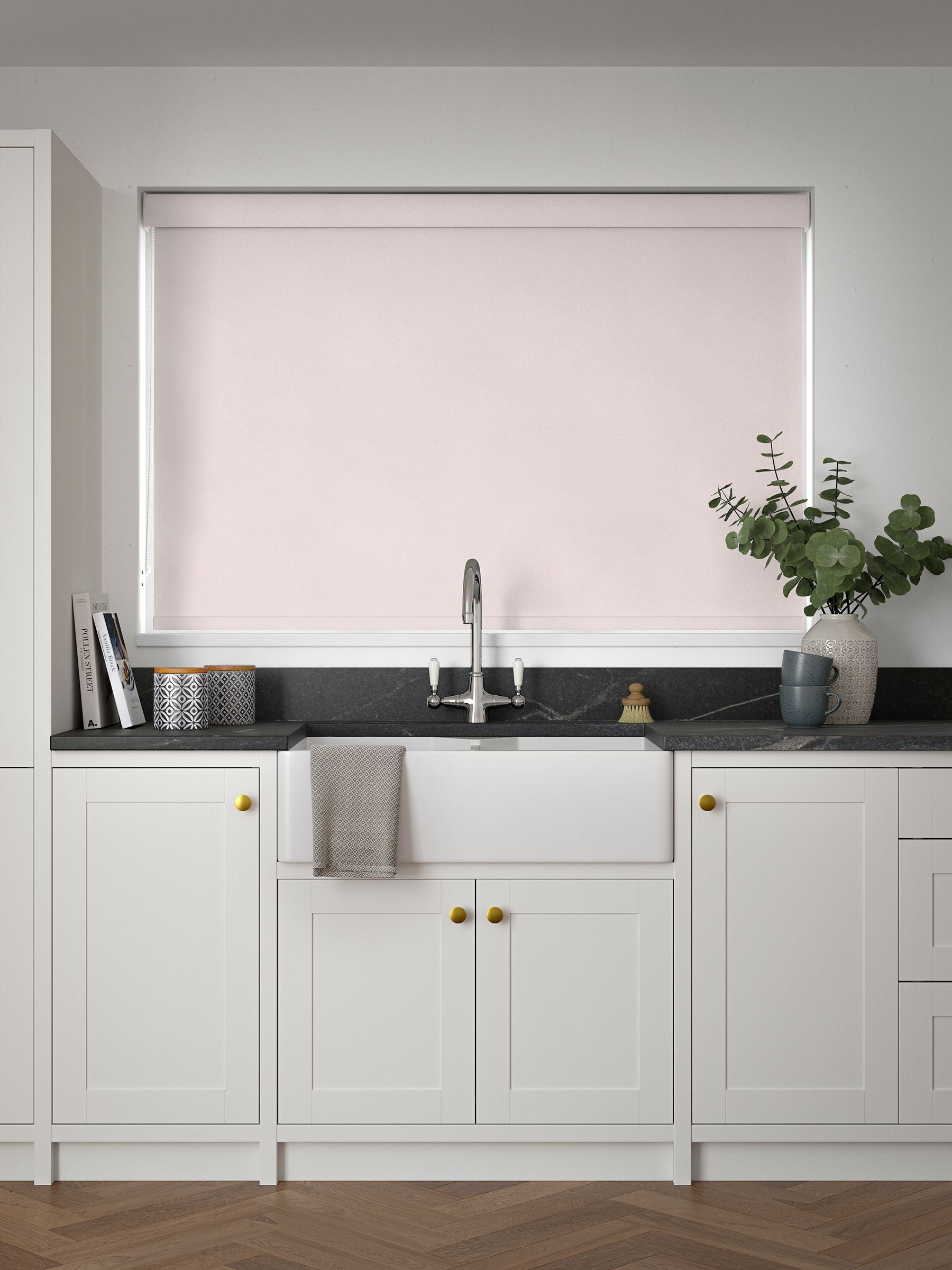 Blush pink Sammi blackout roller blind, imported from the UK