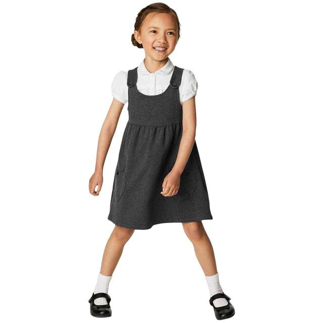 M&S Girls Jersey Heart Pocket School Pinafore 3-12 Years Grey GOODS M&S   