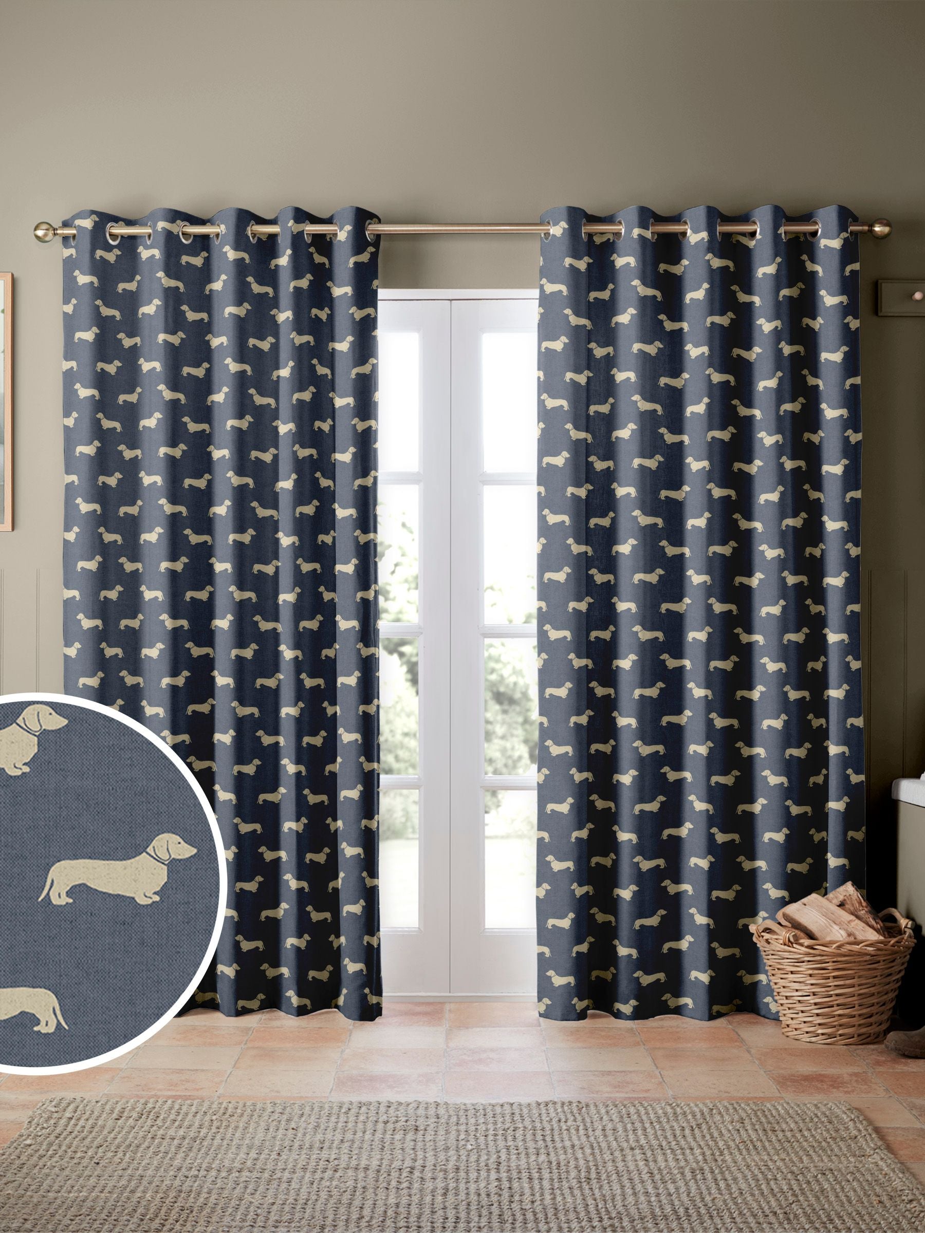Emily Bond Peggy curtains dachshund print, UK version