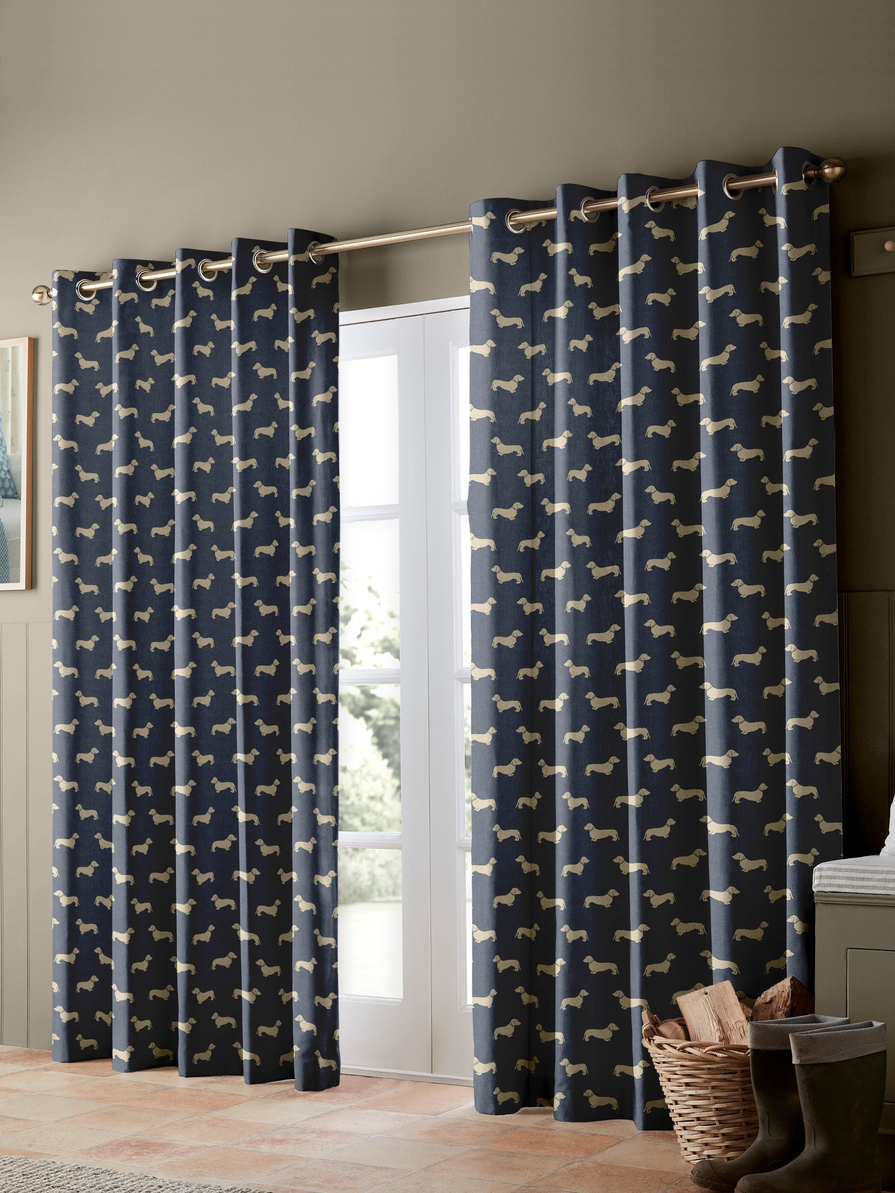 Emily Bond Peggy curtains dachshund print, UK version