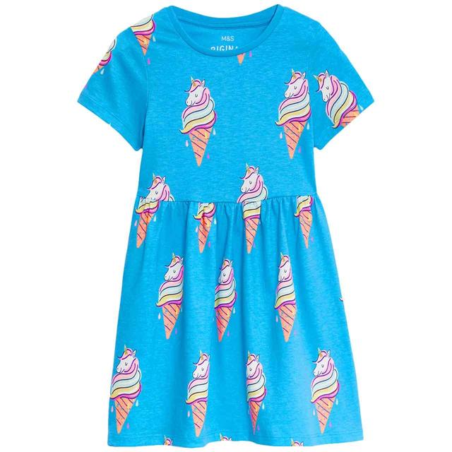 M&S Unicorn Ice Cream Cotton Dress 2-7 Years Blue GOODS M&S   