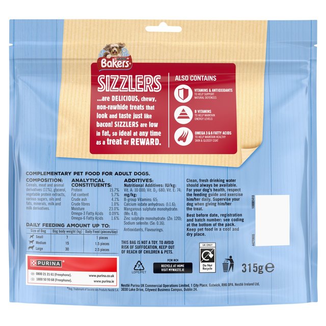 Bakers Sizzlers Bacon and Cheese Dog Treats   315g