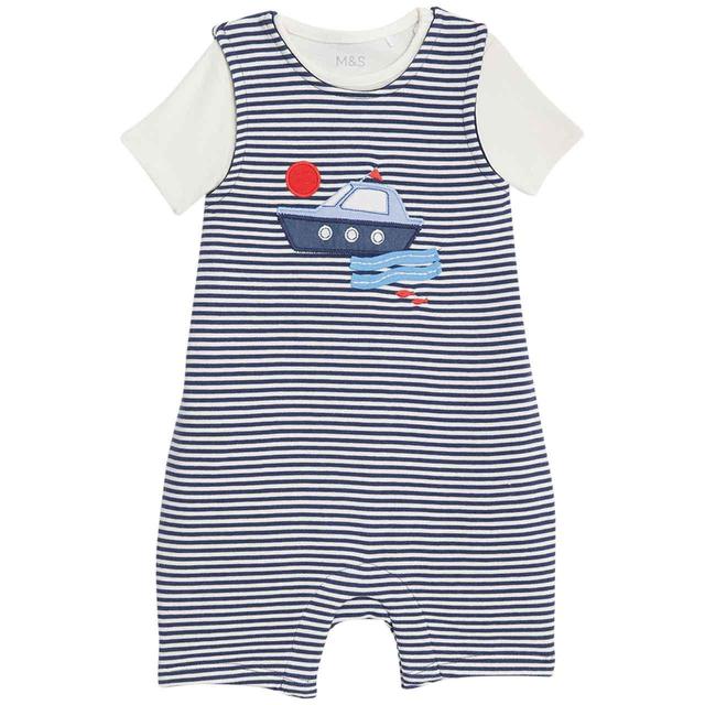 M&S Nautical Short Romper & Bodysuit Set 0-3 Years Navy